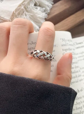 网格不掉色925银戒指欧美个性芷开口嘻哈戒指岚饰品夸张小众