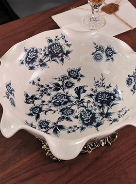 高足陶瓷客厅干果盘欧式别墅水果盘会所摆件创意复古家用陶瓷青花