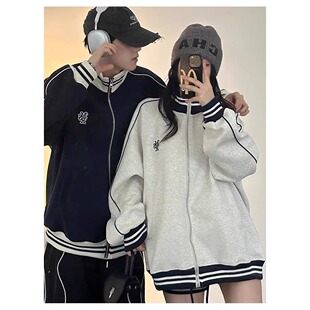潮牌撞色立领情侣外套男秋季美式字母刺绣棒球服复古百搭休闲夹克