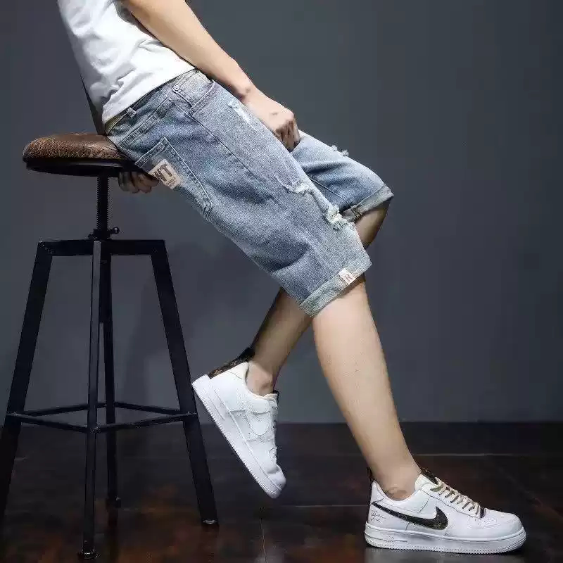 韩版七分潮牌破洞百搭五分裤子薄图片
