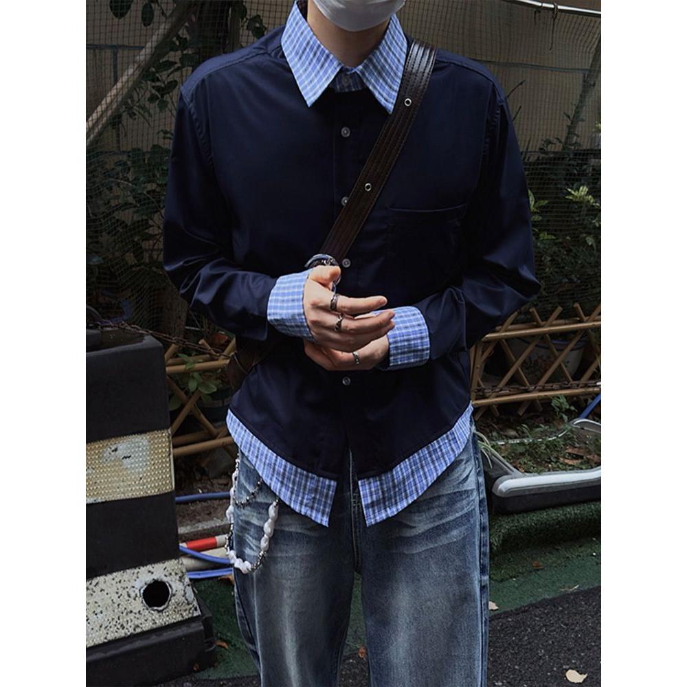 美式cleanfit藏青色假两件长袖衬衫男款秋季格子拼接翻领衬衣外套