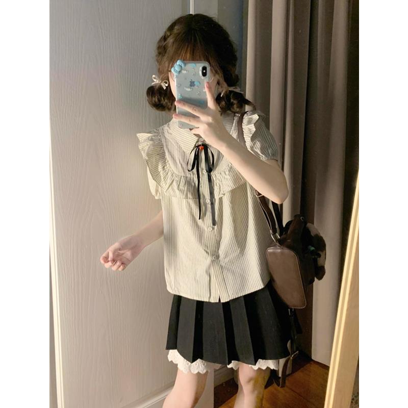 学院风jk套装女夏季高级感气质短袖条纹衬衫半身短裙小个子两件套