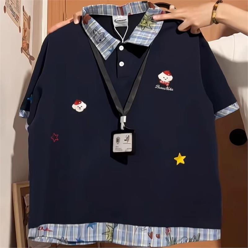 日系小狗刺绣格子POLO领短袖T恤男女夏季学院风假两件情侣上衣
