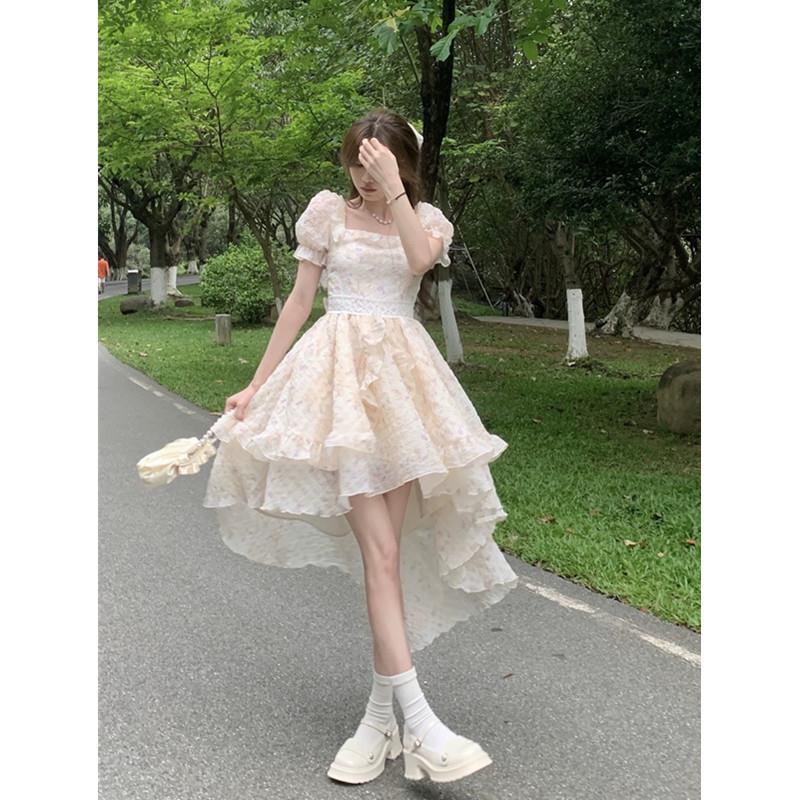 法式甜美蝴蝶结碎花连衣裙子女夏季在逃公主蓬蓬裙收腰小个子长裙