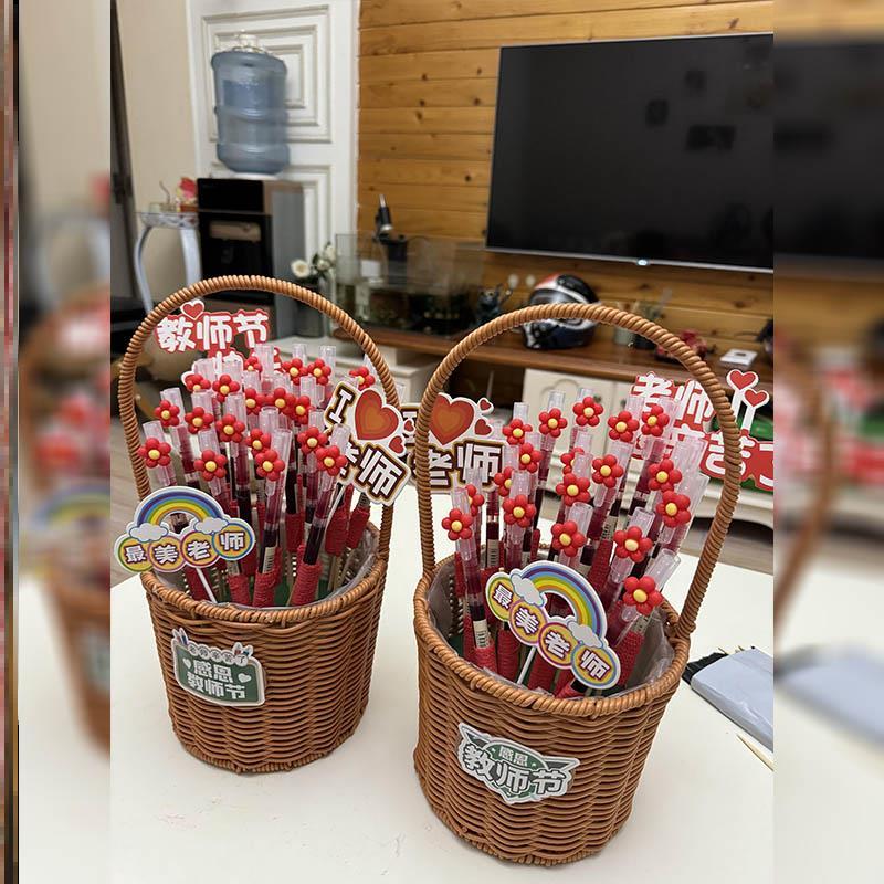 教师节中性笔红笔花束手工diy材料实用礼物小红花藤编花篮伴手礼
