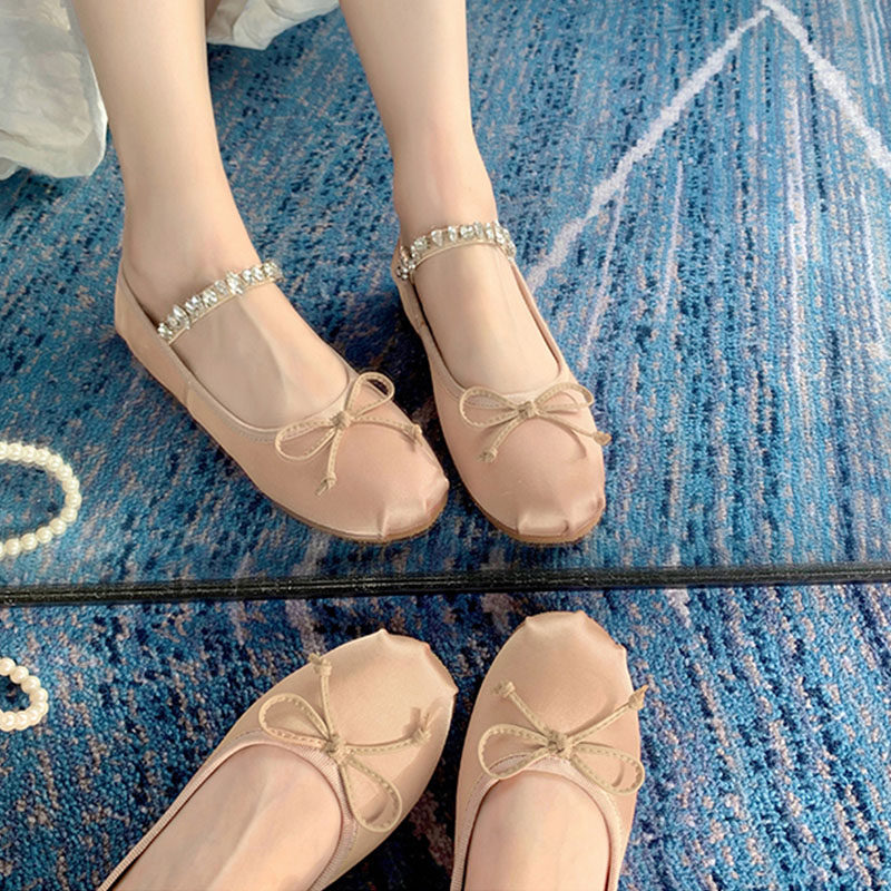 EVENING BREEZE GENTLE SINGLE SHOES FLAT SUMMER FRENCH BOW RHINESTONE SATIN BALLET MARY JANE SHOES