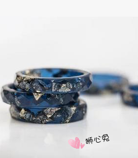 狮心兔 手工制作Elena同款欧美深海蓝金箔树脂 银箔 大码情侣戒指