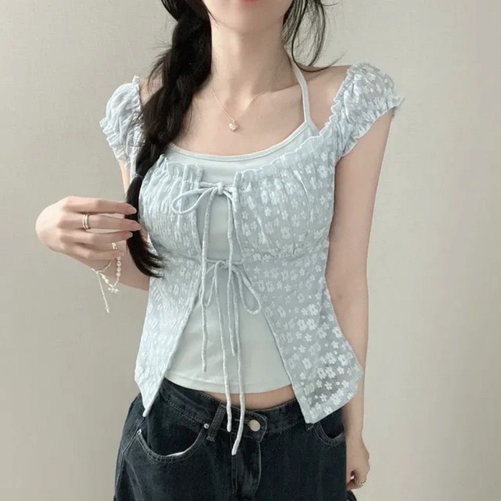 韩国chic夏季蕾丝碎花假两件挂脖短款绑带上衣女设计感短袖蕾丝衫