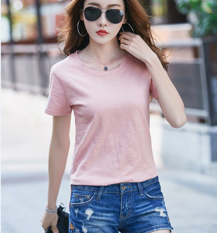 纯棉粉色t恤女短袖女2022新款潮夏装宽松韩版纯色竹节棉大码上衣
