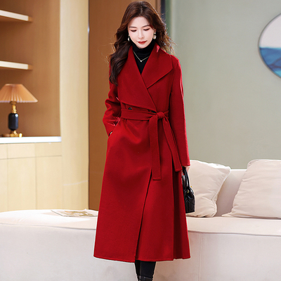 红色双面羊绒大衣女中长款2025年秋冬高级感新年结婚95羊毛呢外套