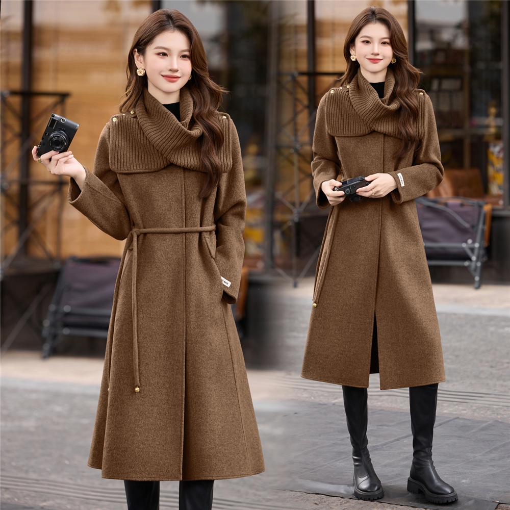 秋冬新款法式轻奢斗篷披肩双面羊绒大衣女长款系带修身毛呢外套潮