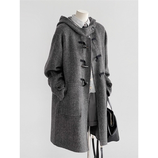 灰色羊毛山羊绒牛角扣大衣女2025新款秋冬季中长款小个子毛呢外套