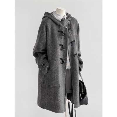 灰色羊毛山羊绒牛角扣大衣女2025新款秋冬季中长款小个子毛呢外套