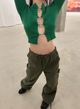 NAN辣妹军绿色工装裤美式复古抽绳口袋裤海狸同款显瘦宽松休闲裤