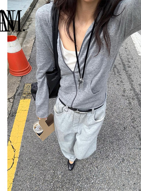 NANM新款纯色百搭显瘦小立领拉链卷边设计休闲羊毛开衫女针织衫