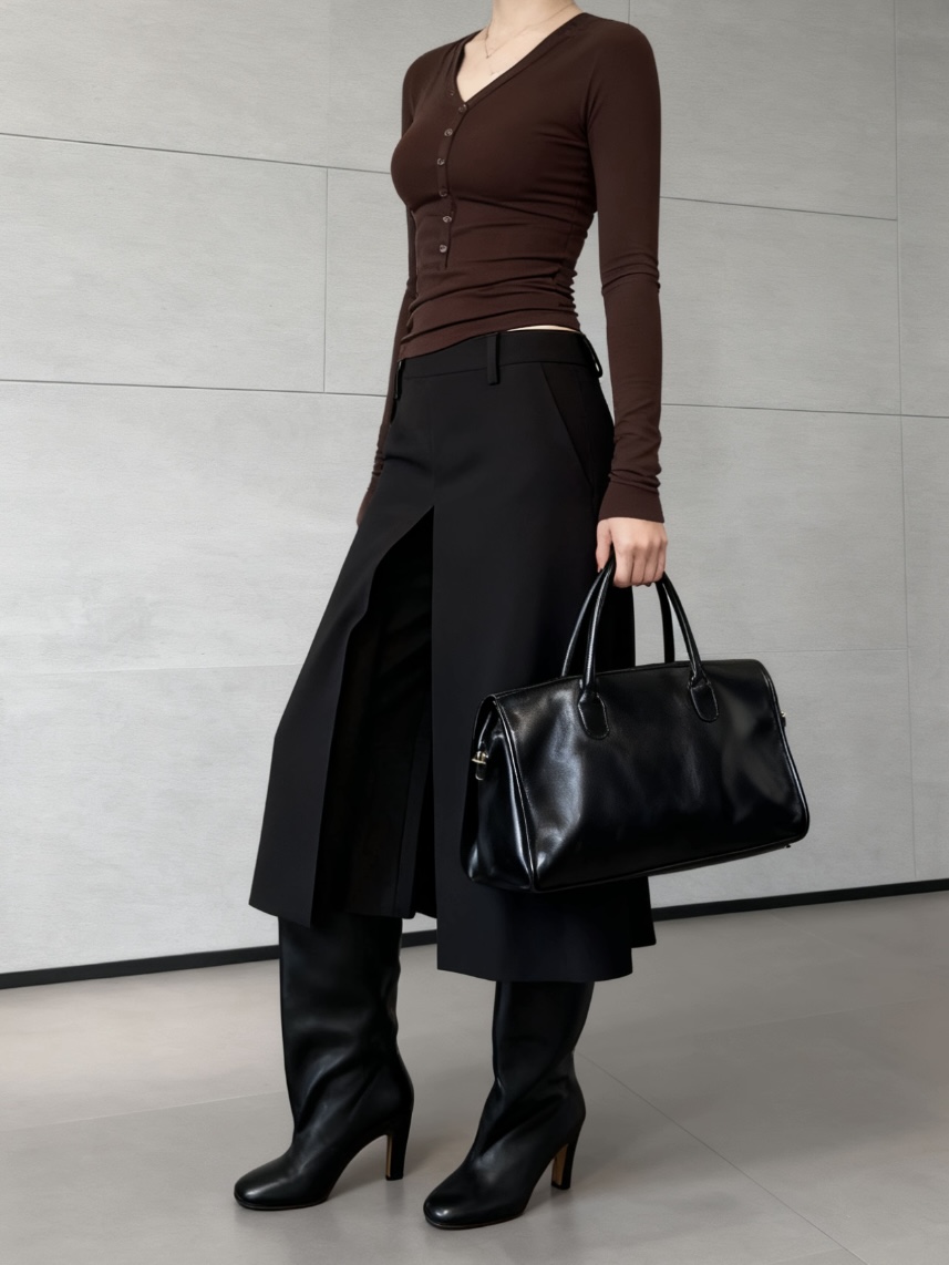 NAN秋冬新款时髦显瘦复古百搭宽松休闲裙裤女A型立褶7分阔腿裤