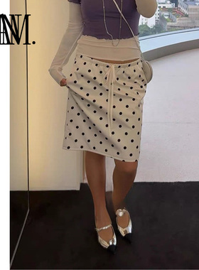 NANM新款复古缎面显瘦百搭波点抽绳midi半裙包臀半身裙迷笛短裙女