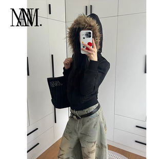 连帽毛毛皮草休闲都市感拉链双色卫衣外套女加绒 修身 NAN新款 短款