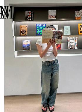 NAN新款显瘦百搭004M中高腰阔版复古做旧直筒牛仔裤女
