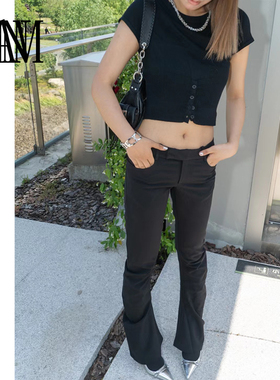 NAN捏褶修身显瘦性感中低腰立体裁剪西装弯刀喇叭裤女休闲西装裤