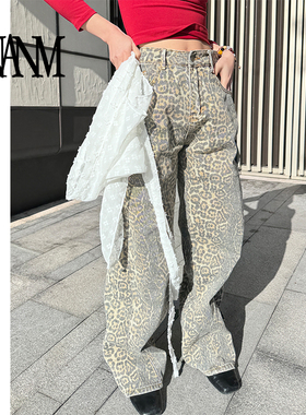 NAN复古中古mobwife风显瘦豹纹印花水洗做旧阔腿牛仔直筒裤长裤女