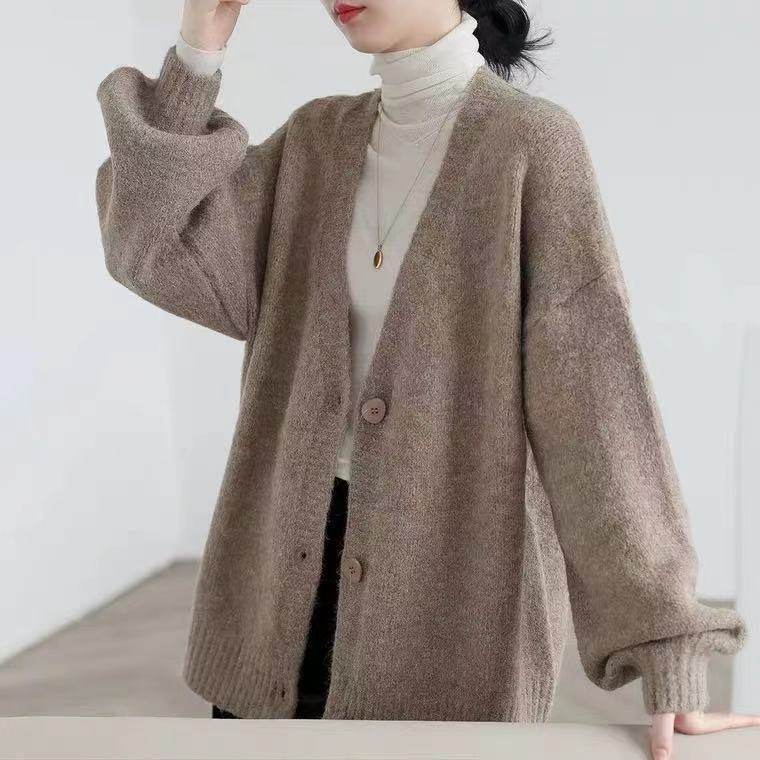慵懒风200斤加肥加大针织开衫女2025春秋韩版灯笼袖宽松毛衣外套