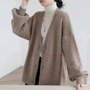 慵懒风200斤加肥加大针织开衫女2025春秋韩版灯笼袖宽松毛衣外套