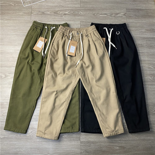 纱卡斜纹全棉水洗面料加绒加厚冬季宽松锥形休闲裤男松紧腰长裤潮 - 封面