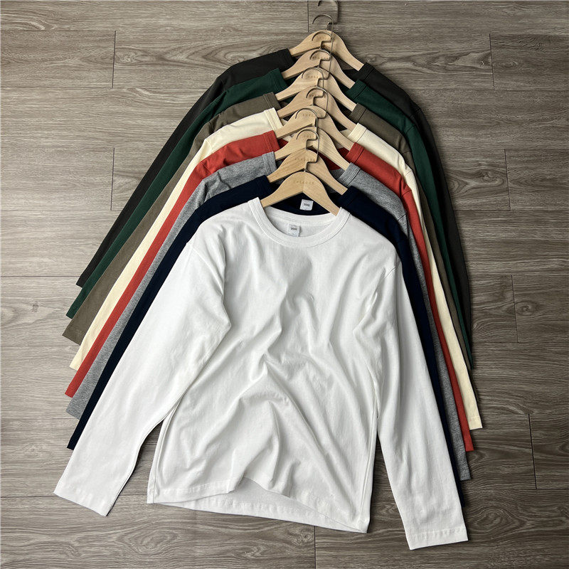 外贸原单尾货重磅300克纯棉秋季全棉水洗圆领长袖T恤男纯色打底衫,男装,T恤,淘宝优惠券,粉丝福利购,淘宝优惠卷