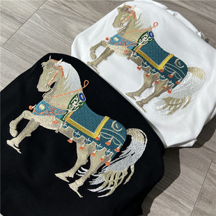 H家平替 限定款手慢无 重工唐三彩马刺绣高端丝光棉短袖纯棉T恤潮