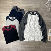 全棉水洗磨毛 男潮 T恤衫 2025年美式 休闲重磅纯棉百搭插肩拼接长袖