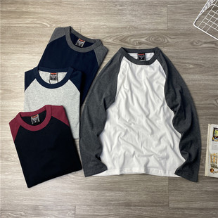 T恤衫 休闲重磅纯棉百搭插肩拼接长袖 男潮 2025年美式 全棉水洗磨毛