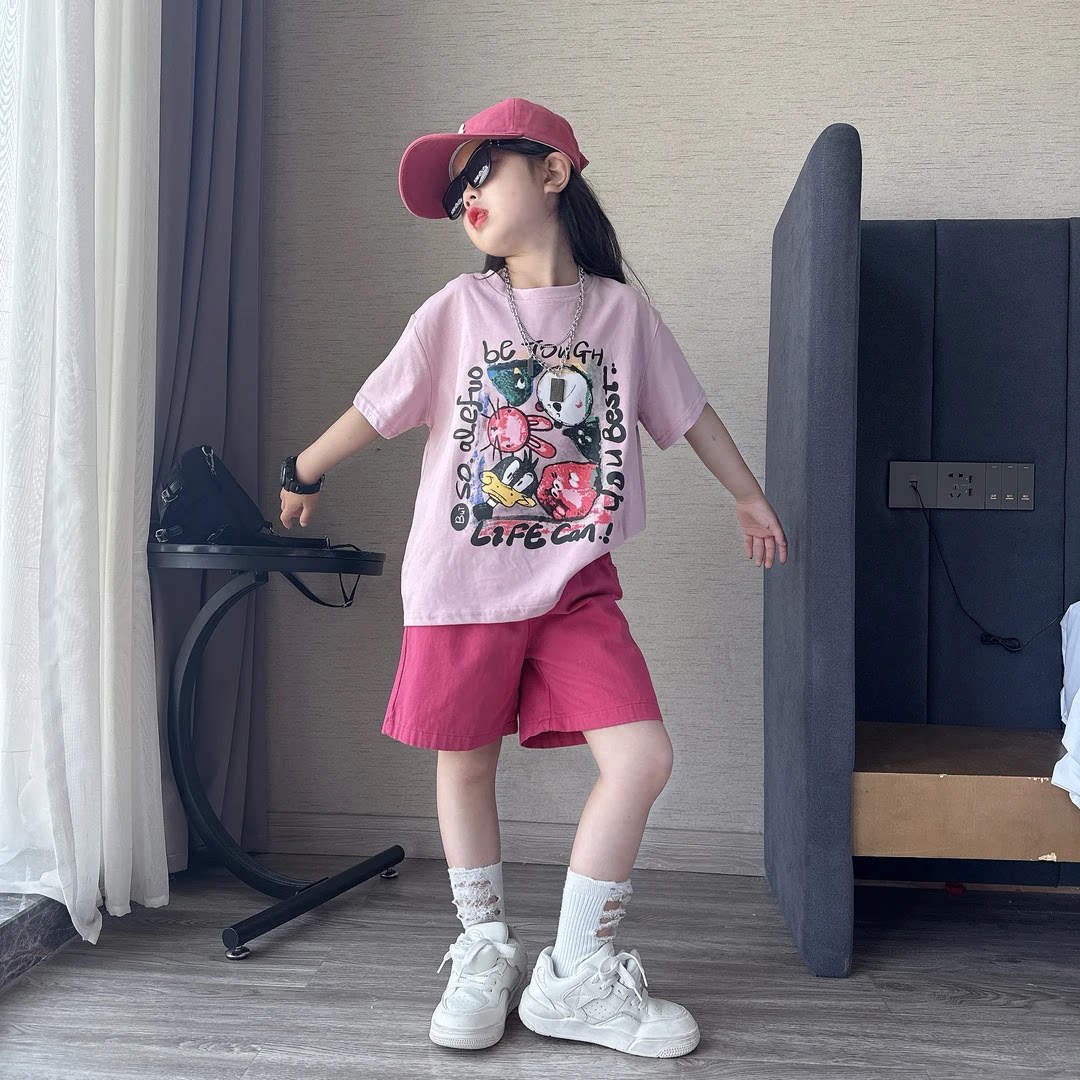 女童夏装短袖T恤套装大儿童夏季卡通上衣短裤两件套9女孩运动衣服