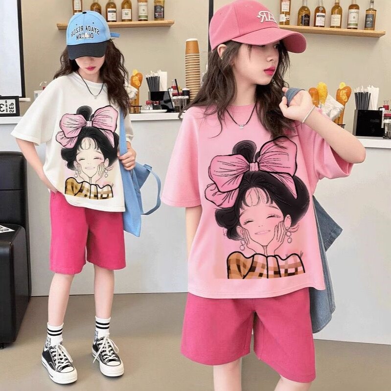 女童休闲运动套装夏季洋气中大童小女孩卡通印花短袖五分裤两件套