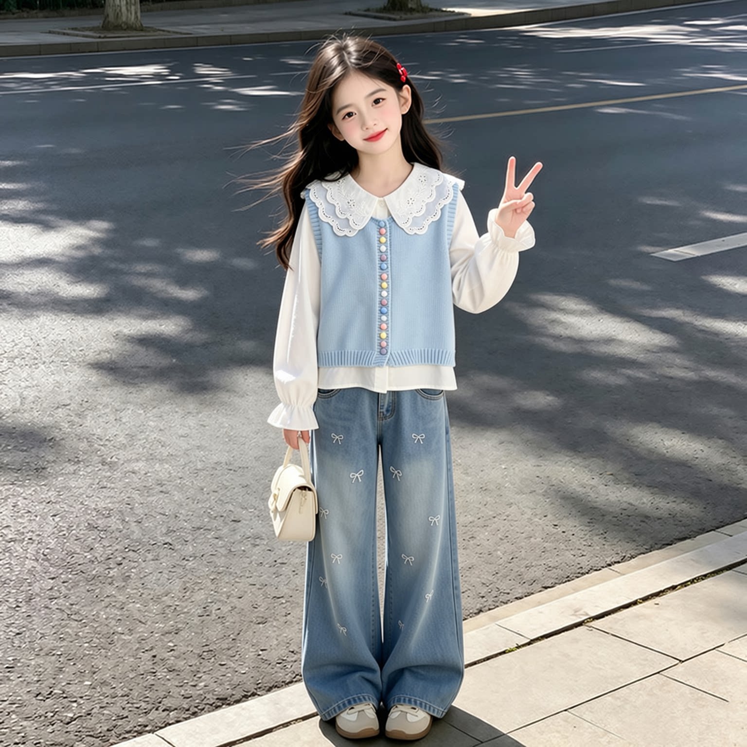女童秋装套装2026新款儿童洋气韩系穿搭衬衫秋季女孩牛仔裤三件套