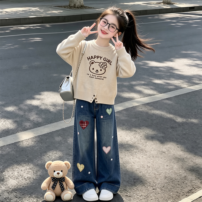 女童春秋款套装2026超火儿童秋季韩系针织毛衣女大童牛仔裤两件套