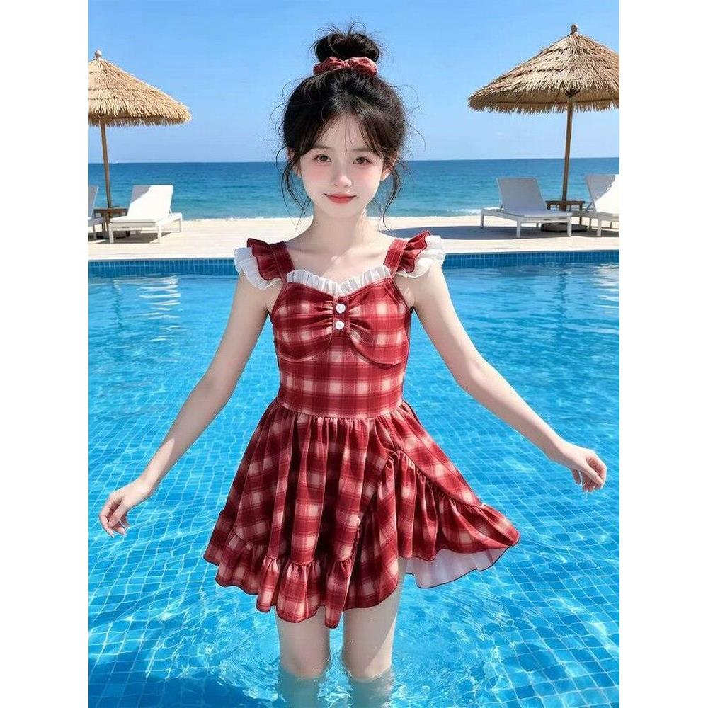 女童格子吊带泳衣夏季新款度假