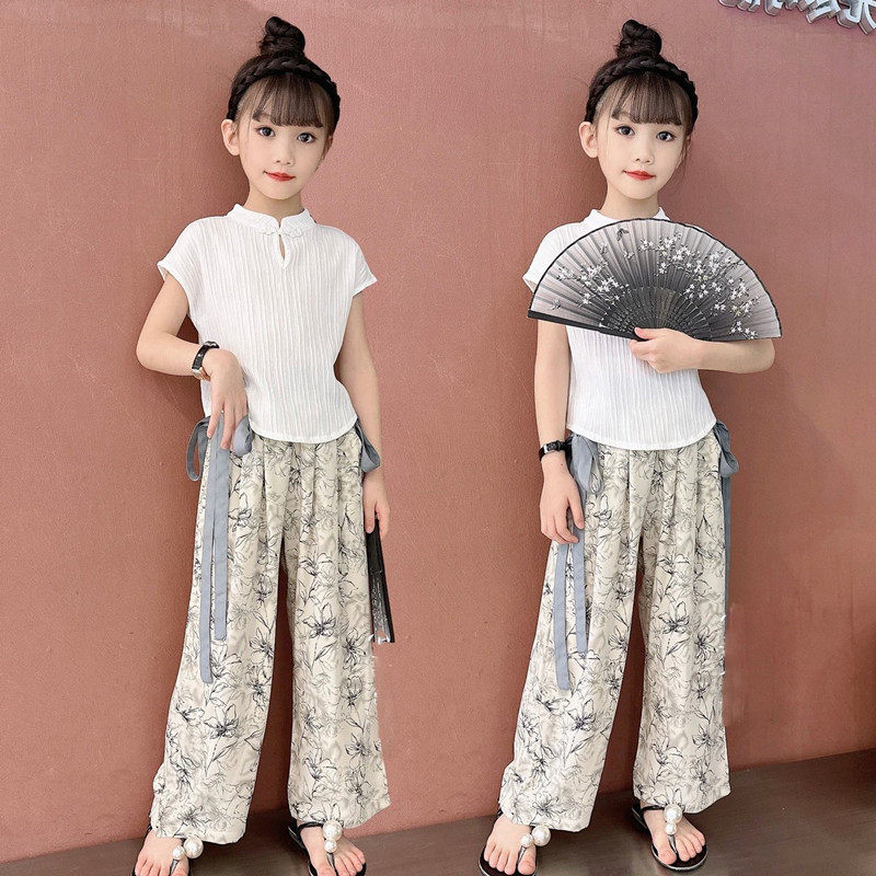 女童中国风套装夏季洋气中大儿童女孩复古水墨画阔腿裤休闲两件套