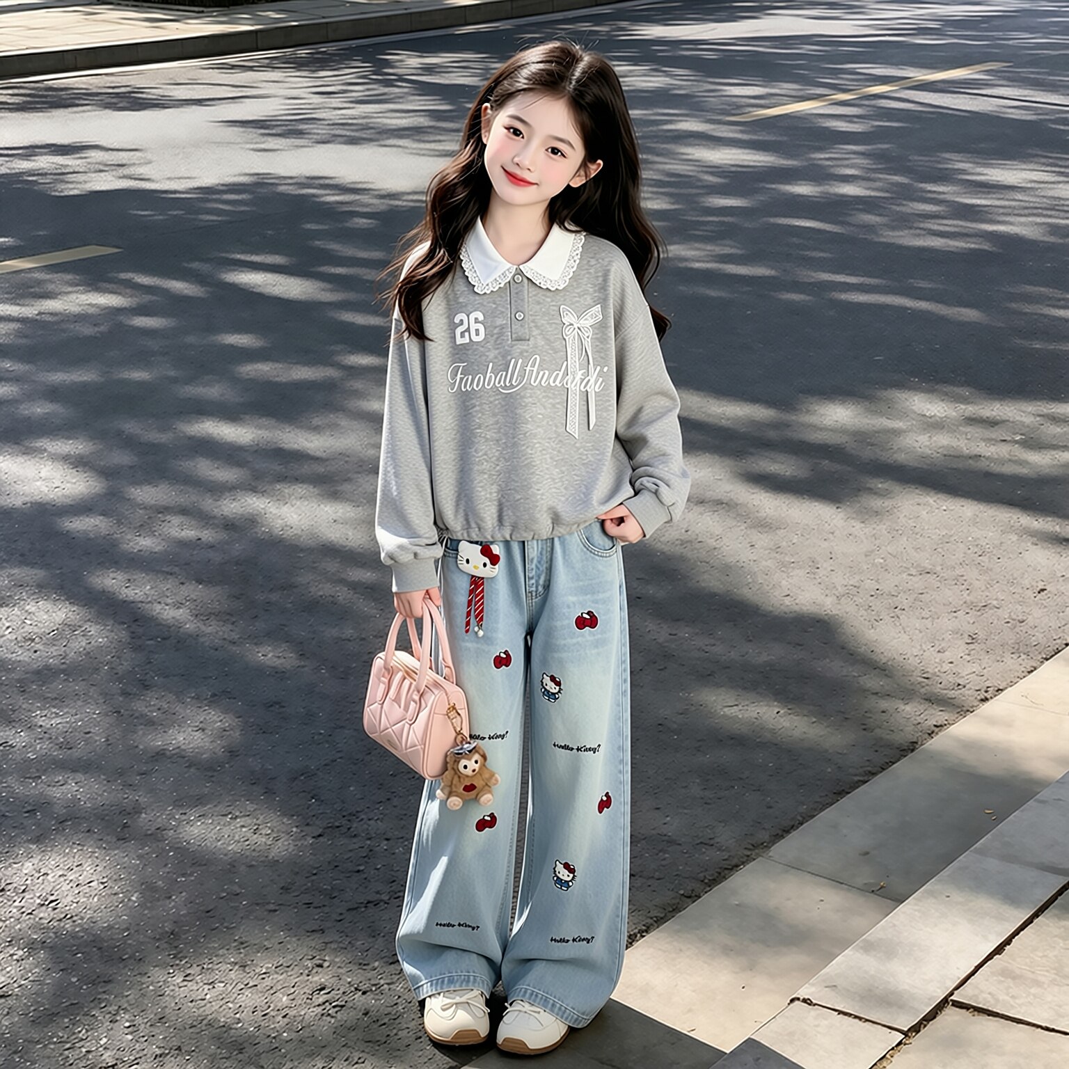 女童套装2026秋季新款儿童翻领卫衣阔腿牛仔裤两件套洋气休闲时尚