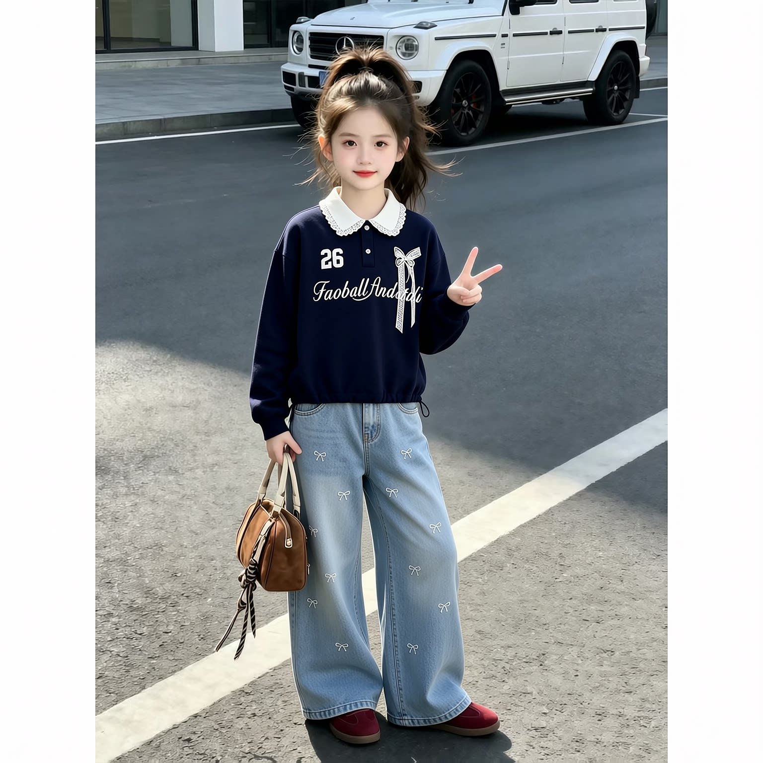 2026春秋新款女童韩系时尚百搭polo领拼接卫衣美式复古阔腿裤套装