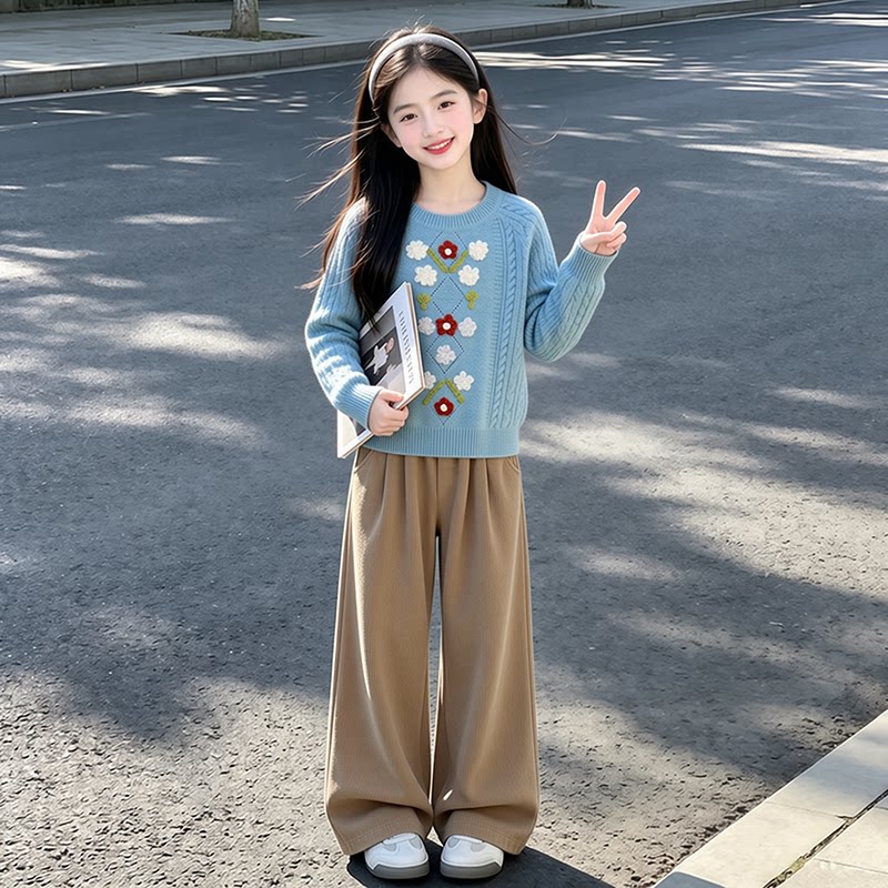 女童针织衫套装秋冬装2026新款韩版洋气小女孩毛衣阔腿裤两件套潮