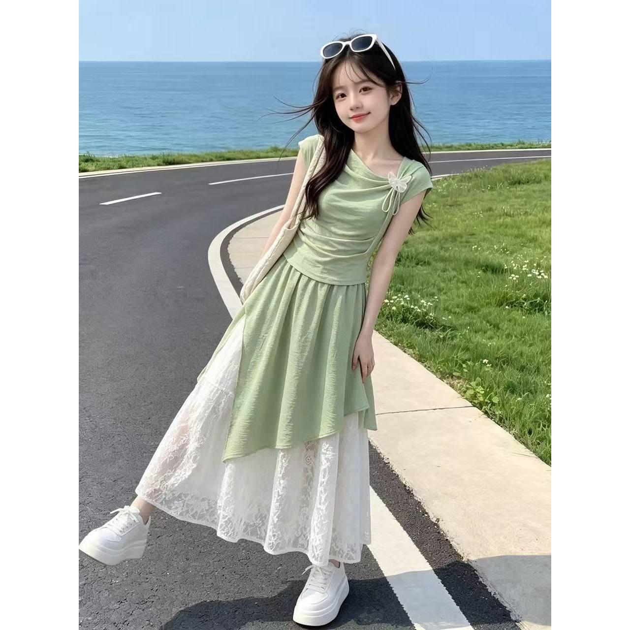 女童夏季薄荷绿短袖裙套装