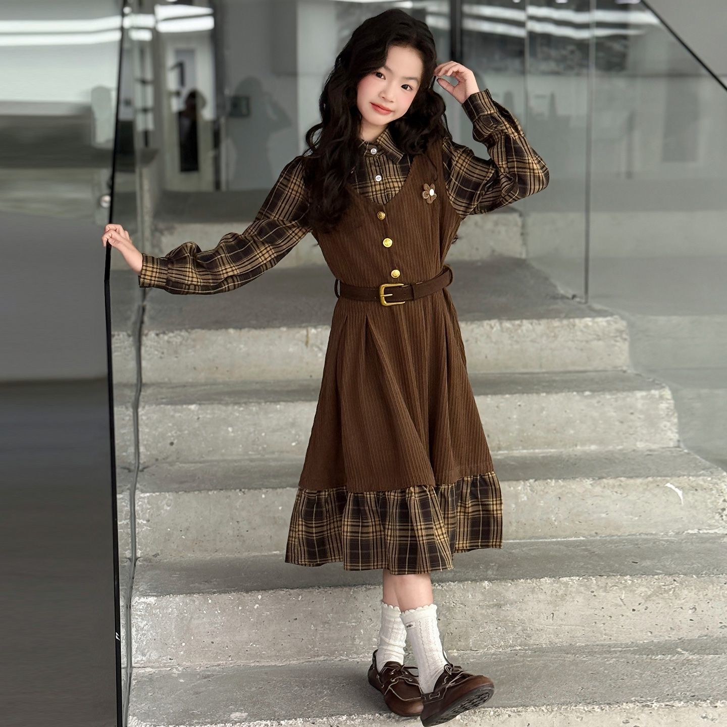 女童春秋学院风假两件连衣裙