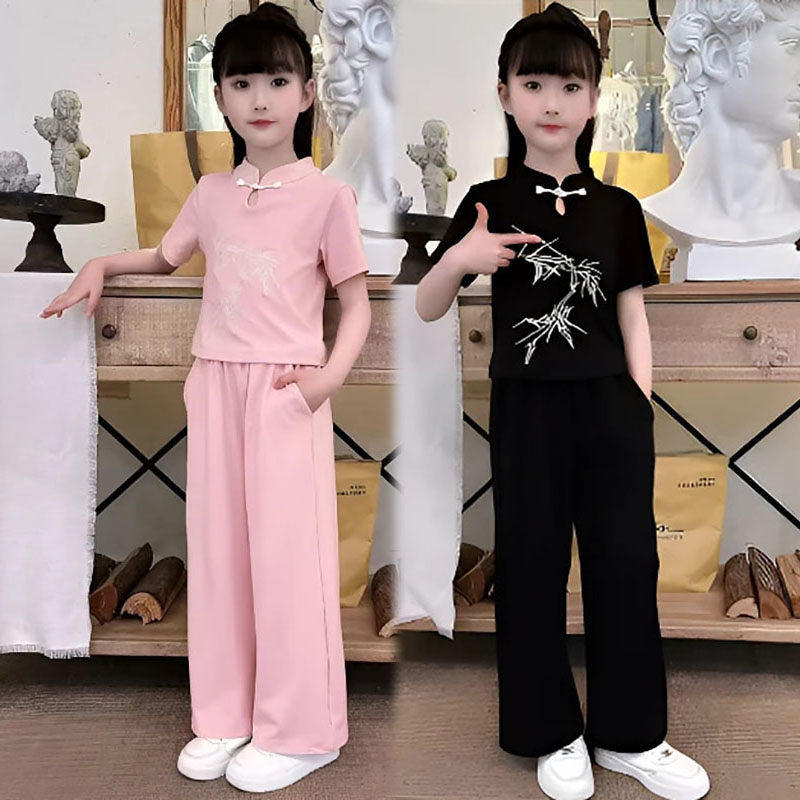 女童新中式时尚套装夏季新款中大童盘扣短袖上衣搭配阔腿裤两件套