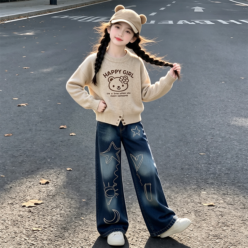 女童毛衣套装秋冬季2026新款中大童女孩网红针织衫牛仔裤童装