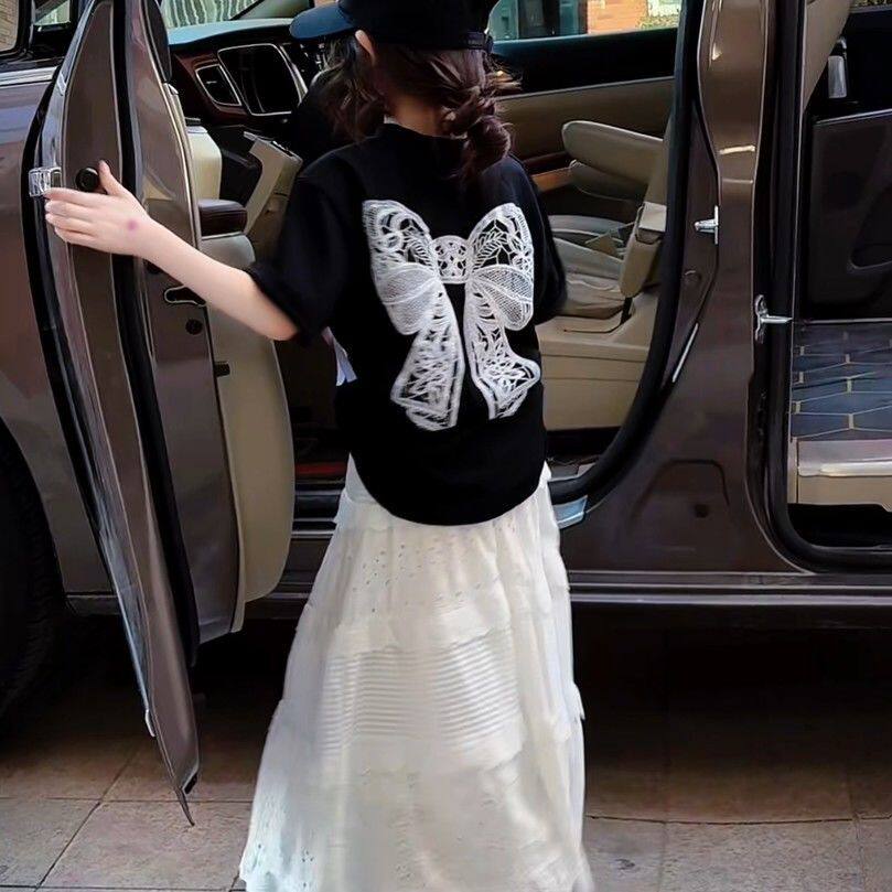 女童连衣裙套装夏季洋气中大童小女孩蝴蝶结短袖T恤半身裙两件套