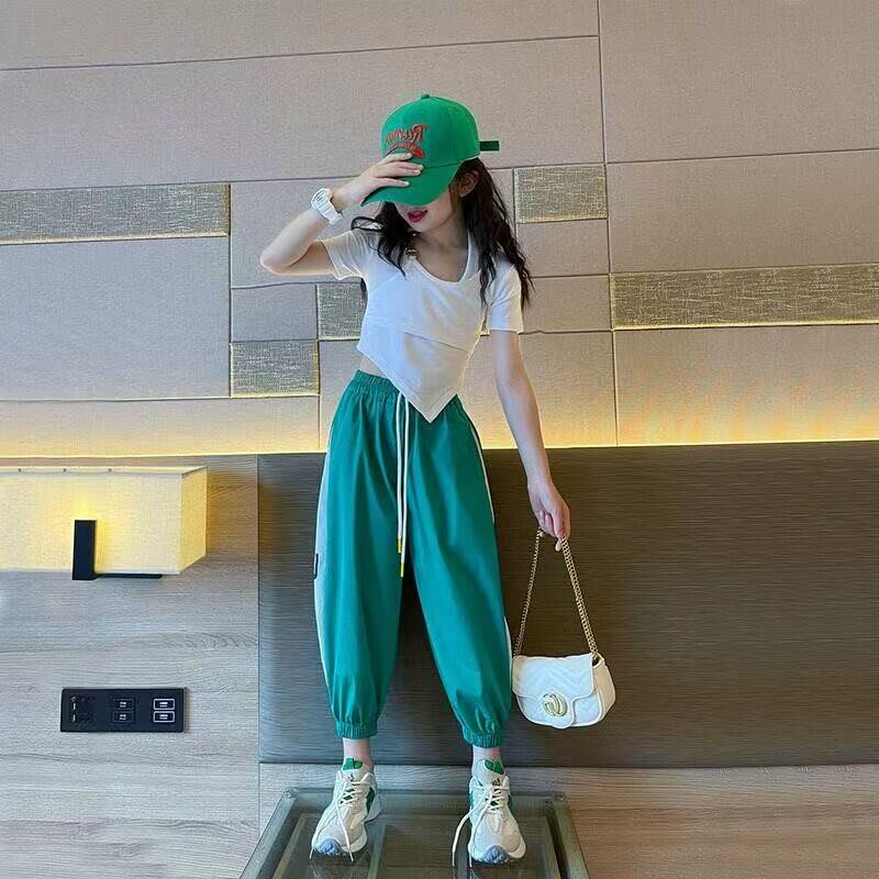 女童夏季纯棉运动两件套 紫色不规则短袖裤装亲子休闲服