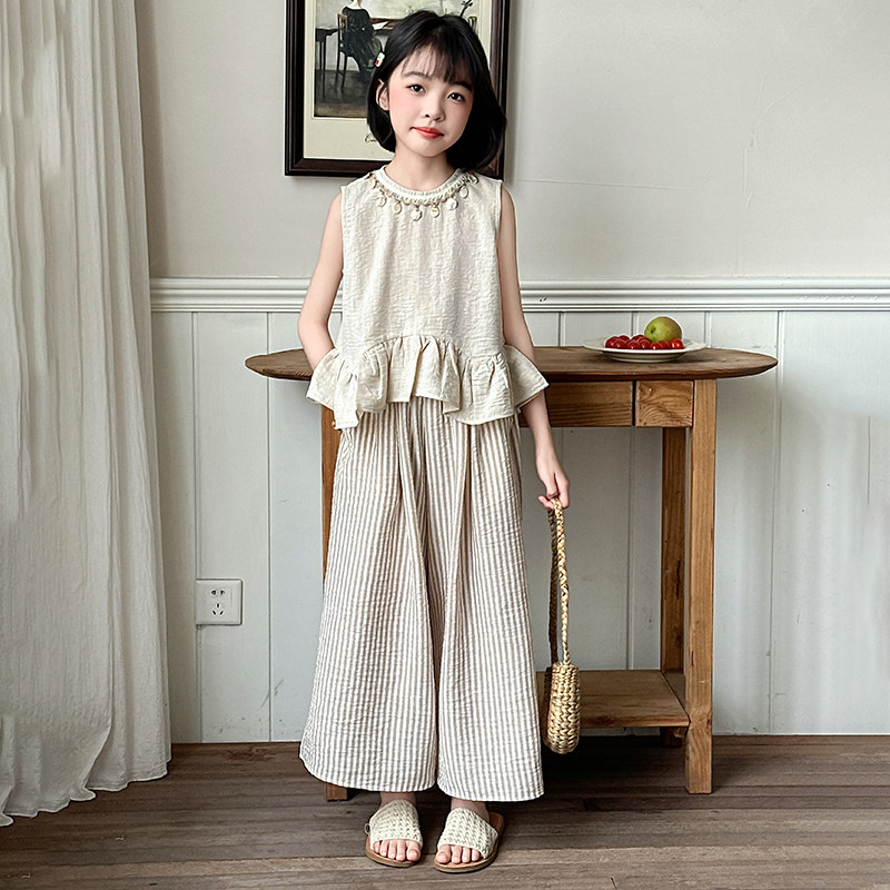 女童夏季休闲阔腿裤套装2026年新款时髦小女孩水洗棉麻夏装两件套