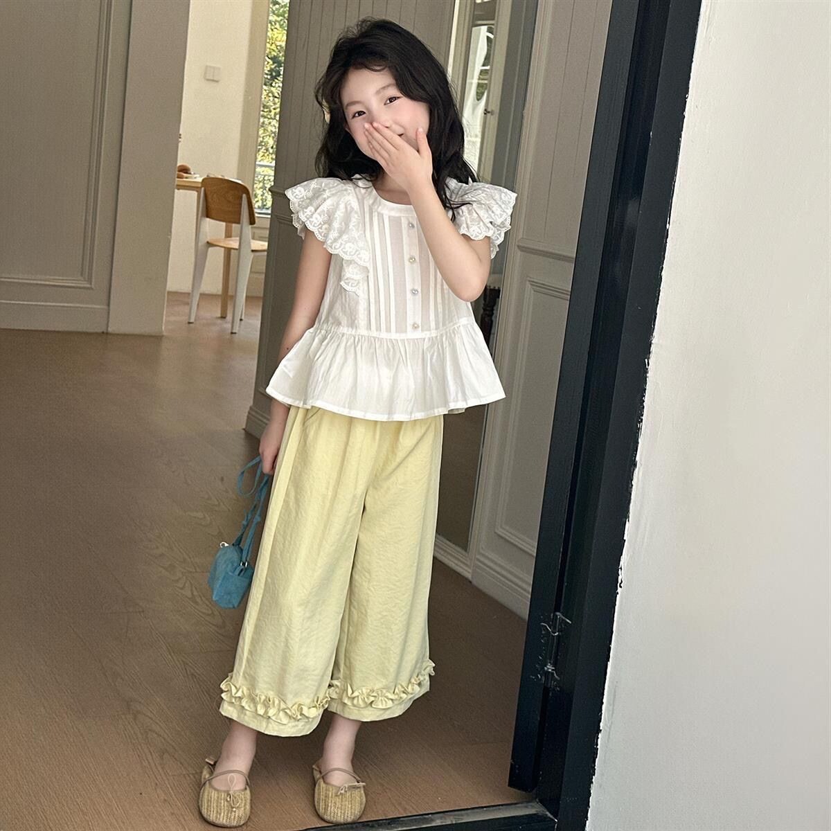 女童小香风套装夏季洋气时髦儿童装小女孩飞袖娃娃衫九分裤两件套
