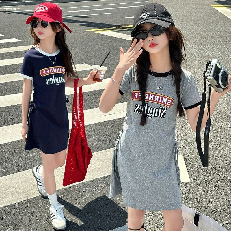 女童夏装连衣裙韩系洋气网红儿童装中长款T恤裙女孩抽绳收腰A字裙